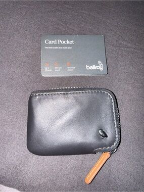 Bellroy Black Card Pocket Wallet with Tan Zip Pull BRAND NEW